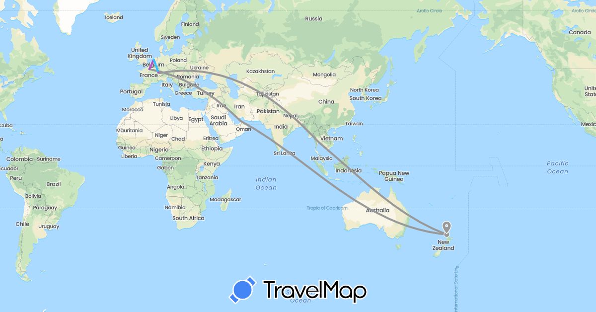 TravelMap itinerary: driving, plane, train, boat in United Arab Emirates, Switzerland, France, Netherlands, New Zealand, Thailand (Asia, Europe, Oceania)